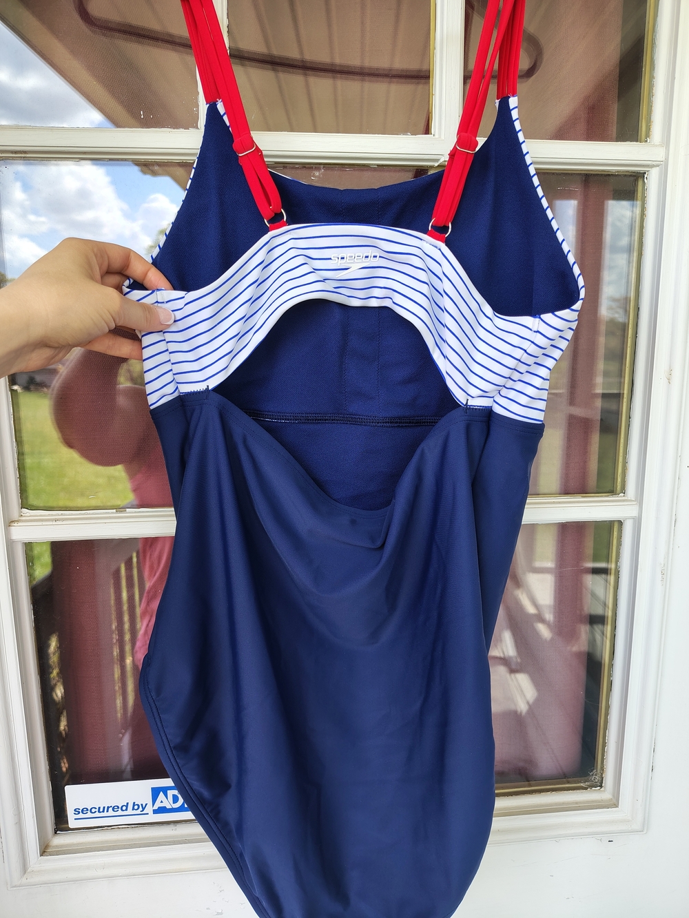 Women's SPEEDO Navy Stripe One-Piece Swimsuit with Red Straps - Picture 3 of 5